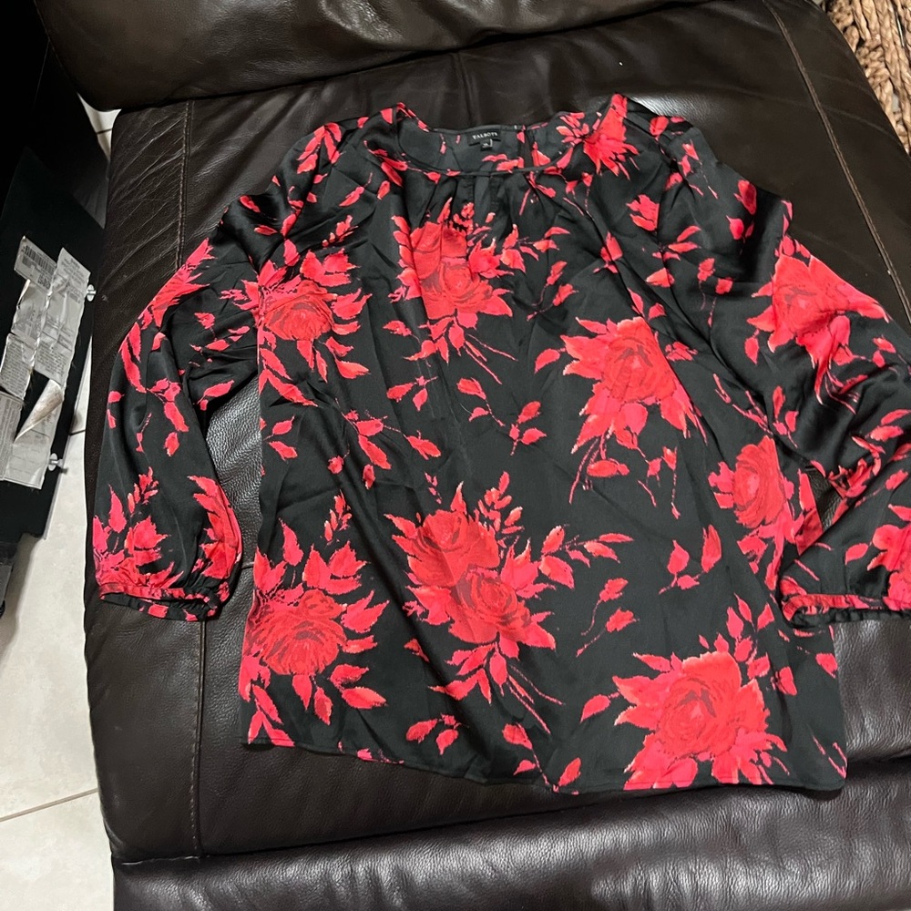 Talbots Black and Red Satiny Floral blouse, size XL